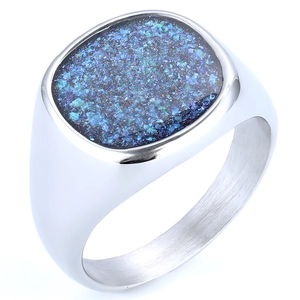 Silver square ring with blue starry turquoise stone inlay on a clean white background