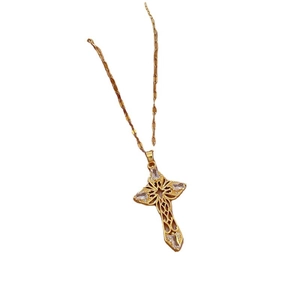 Golden titanium steel necklace with a hollowed-out cross pendant and zircon stones