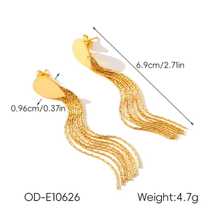 Golden tassel earrings featuring dimensions of 0.96cm width and 6.9cm length with weight info