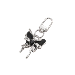 Silver butterfly keychain with black crystal gemstone for bags and purses accessories