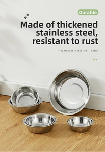 Close-up of durable stainless steel pet basins in various sizes for cats and dogs