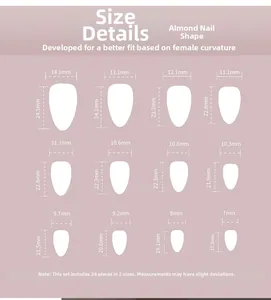 Size chart for almond shaped press-on nails showing 12 sizes and measurements in mm