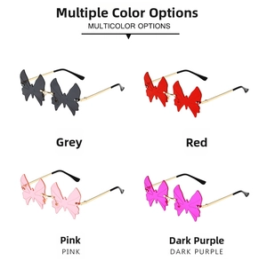Detail view of four colored butterfly frameless sunglasses with gold metal temples