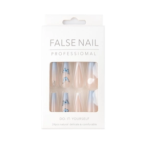 Blue butterfly gradient press-on nails with rhinestone accents in long coffin shape
