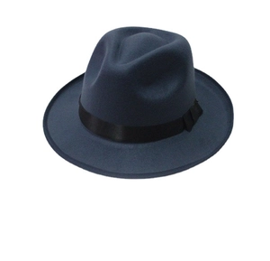 Classic dark charcoal wool felt jazz fedora with wide brim and black satin ribbon band