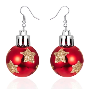 Christmas ball earrings with red resin and gold sequin stars on white background