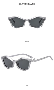Detailed views showing geometric polygon sunglasses with silver lightning-shaped temples