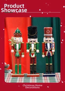 Detailed view of three 30cm glittery wooden nutcrackers with festive props and base