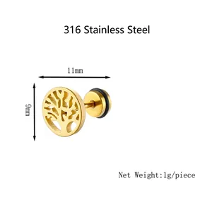 Elegant 316 stainless steel gold tree of life stud earrings 11mm round jewelry