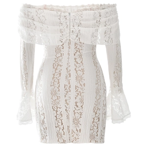 Detail view of the invisible back zipper on this white lace off-shoulder slim dress