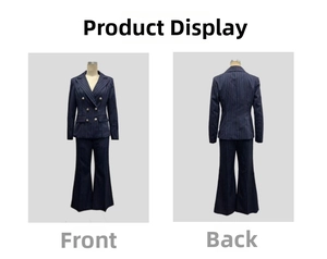 Detailed front and back view of navy pinstripe slim fit double-breasted suit set