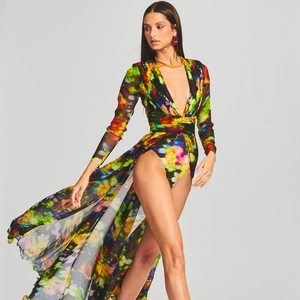 Sexy Deep V Neck Long Sleeve Maxi Dress Mesh Polyester Abstract Print High Slit Beach Party Streetwear For Women