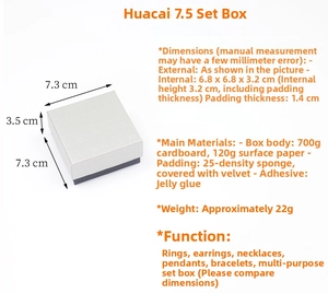 Square textured jewelry gift box with dimensions 7.3x7.3x3.5cm and sponge padding