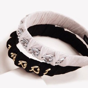 Vintage braided velvet headband with metallic gold and silver chain link details