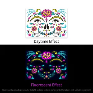 Fluorescent Day of the Dead face tattoo with sugar skull floral design and UV glow effect