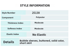 Size chart showing detail specs for bubble sleeve buttoned short dress in polyester