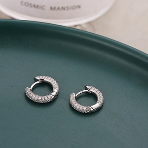 Fashion French silver huggie hoop earrings with micro-paved cubic zirconia accents