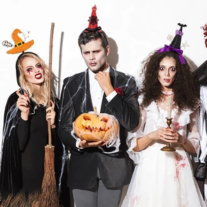 Close-up of Halloween witch hat headbands with sequins, ghosts and spiders for party