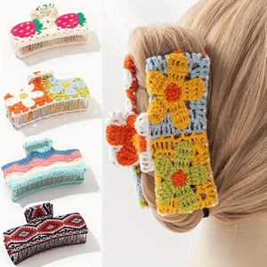 Handmade Crochet Hair Claw Clip Floral Strawberry Knitted Cotton Yarn French Style Large Catch For Women Girls