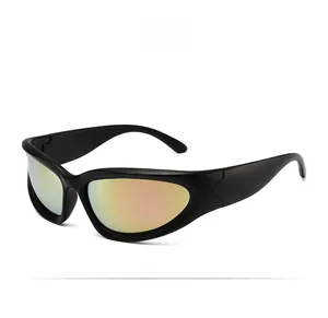 Side view of Y2K steampunk cycling sunglasses with matte black frame and orange gradient lens