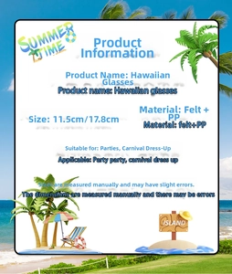 Detail specifications for Hawaiian party glasses showing felt and PP material dimensions