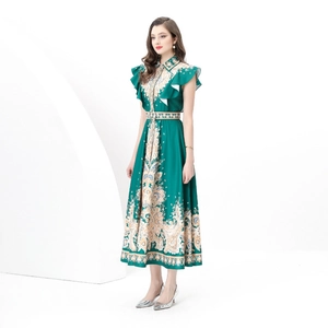 Floral A-line maxi dress with lapel collar, ruffle sleeves, and matching waist belt