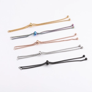 Adjustable stainless steel box chains with sliding bolo beads in five metallic colors