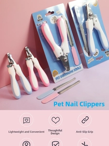 Detail of professional stainless steel pet nail clipper set with non-slip handles for cats and dogs