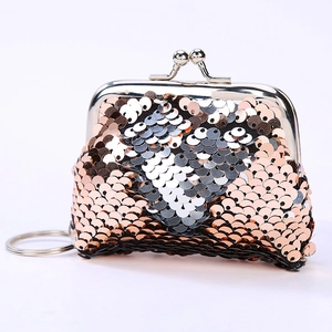 3-inch champagne gold sequin heart coin purse with silver keychain and metal closure