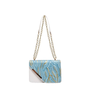 Elegant blue and white stone pattern shoulder bag with gold chain strap for women