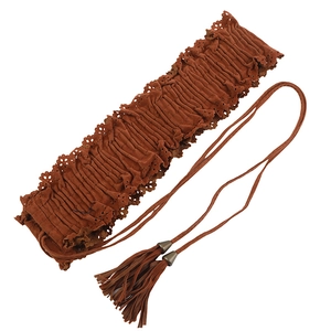 Elegant brown suede corset belt with lace trim and metallic tassel tie strings