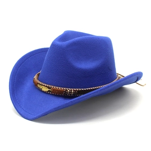 Detail of bright blue cowboy hat featuring metallic feather and colorful beaded hatband