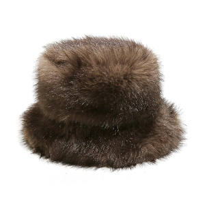 Detailed close-up of fluffy brown faux fur texture on a warm winter bucket hat for women