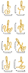 Detailed size chart showing gold heart letter pendants with height and width measurements