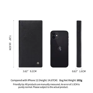 Slim long men's wallet in black cross-grain leather with gold logo and size guide