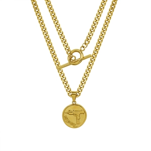 Double-layer 18k gold plated chunky chain necklace with OT buckle and gun shield pendant