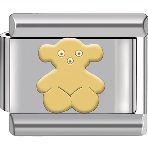 Macro shot of a modular silver charm link featuring a detailed 3D golden teddy bear design