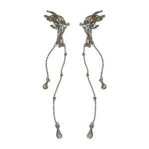 Elegant silver butterfly wing tassel earrings with liquid metal finish and clear gems