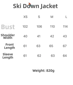 Size chart for women's hooded winter ski jacket with bust and sleeve measurements