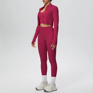 Completo sportivo 3 pezzi bordeaux con maniche con asola per pollice e leggings a vita alta