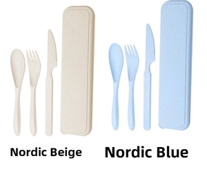 Detail of portable wheat straw cutlery set in Nordic Beige and Blue colors