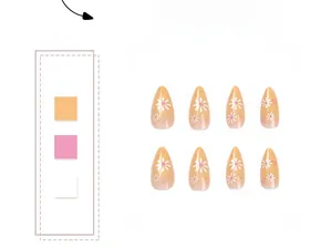 Pink almond press-on nails featuring white daisy patterns and polka dot nail art detail