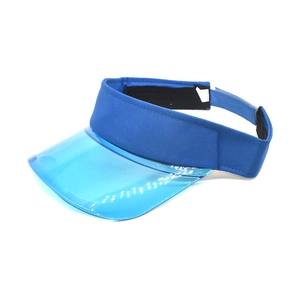 Close-up of blue sun visor with transparent PVC brim and adjustable velcro strap