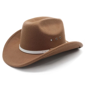 Brown wool felt western cowboy hat with breathable eyelets and white leather band