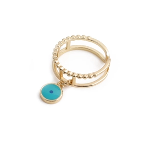 Detail eines goldenen doppelreihigen Rings mit einem blauen Auge des Bösen Anhänger