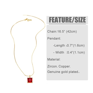 Détail du pendentif en zircon rouge carré avec dimensions et chaîne plaquée or véritable