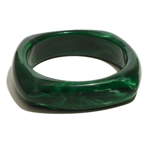 Luxury vintage dark green resin bangle with white marble pattern and chunky square design