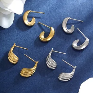 Minimalist Stainless Steel C-Shaped Stud Earrings For Women 14K Gold Silver Plated Wave Texture Inlaid Rhinestone Jewelry