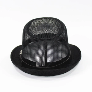Detail of black breathable mesh summer fedora hat showing textured open weave material