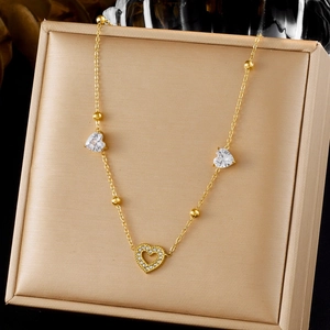 Heart Pendant Necklace Stainless Steel Gold Plated With White Zirconia Beads Fashion Jewelry For Women Clavicle Chain